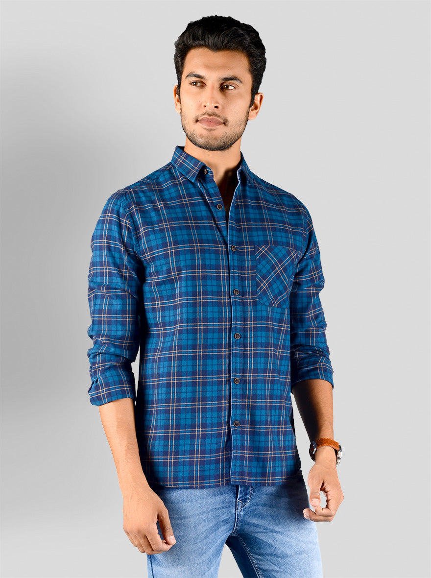Moroccan Blue Checked Slim Fit Casual Shirt | Greenfibre