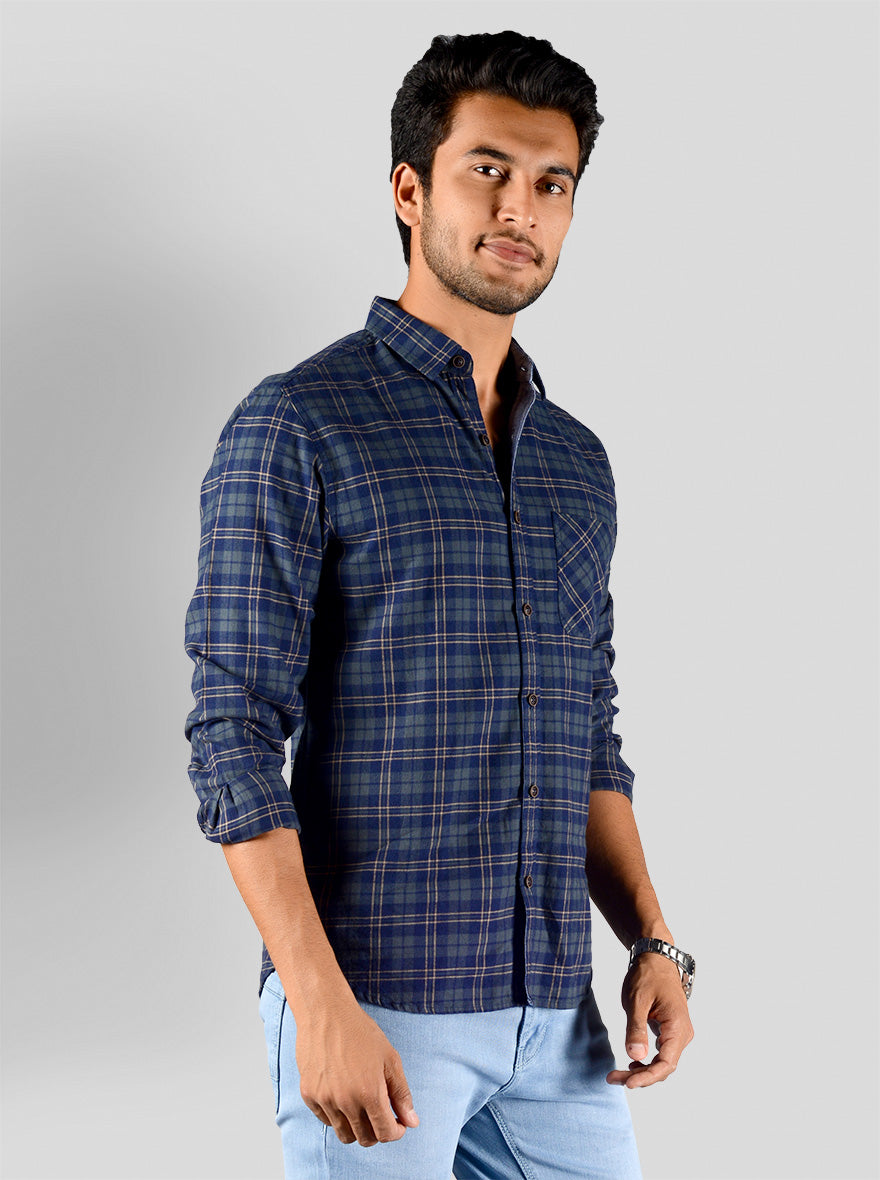 Blue & Olive Green Checked Slim Fit Casual Shirt | Greenfibre