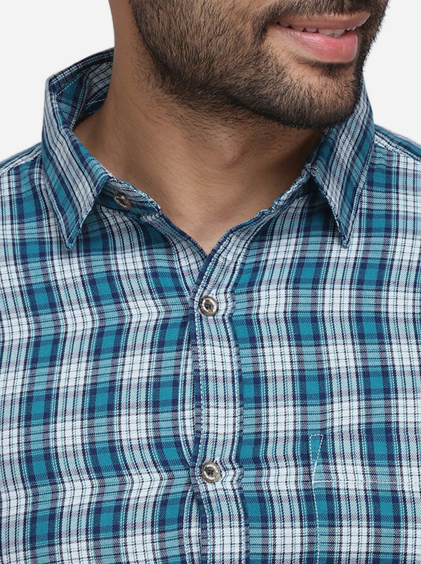 Green & White Checked Slim Fit Casual Shirt | JadeBlue