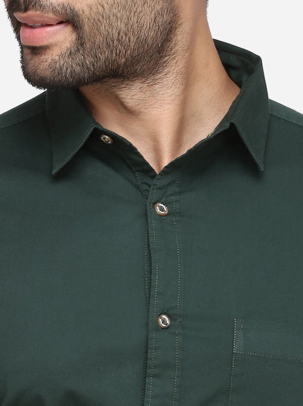 Bottle Green Solid Slim Fit Casual Shirt | JadeBlue