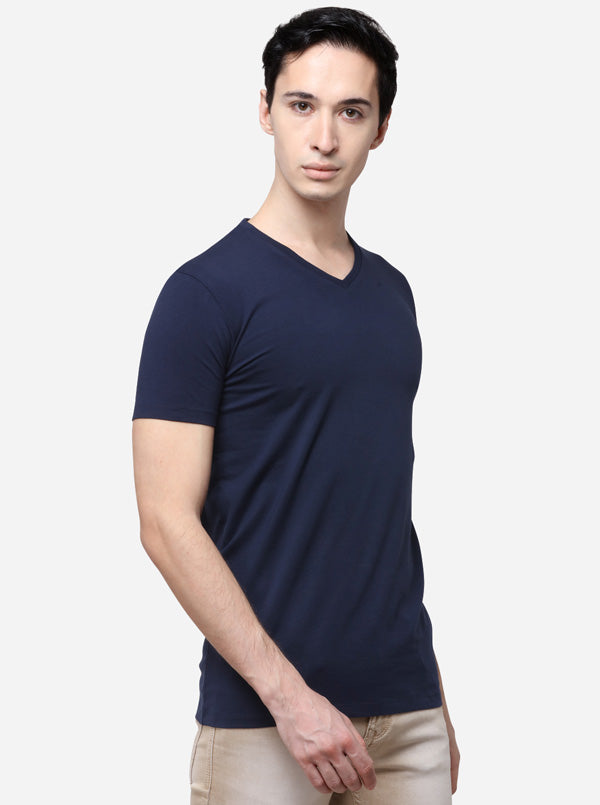 Navy Blue Slim Fit Solid T-Shirt | JB Sport