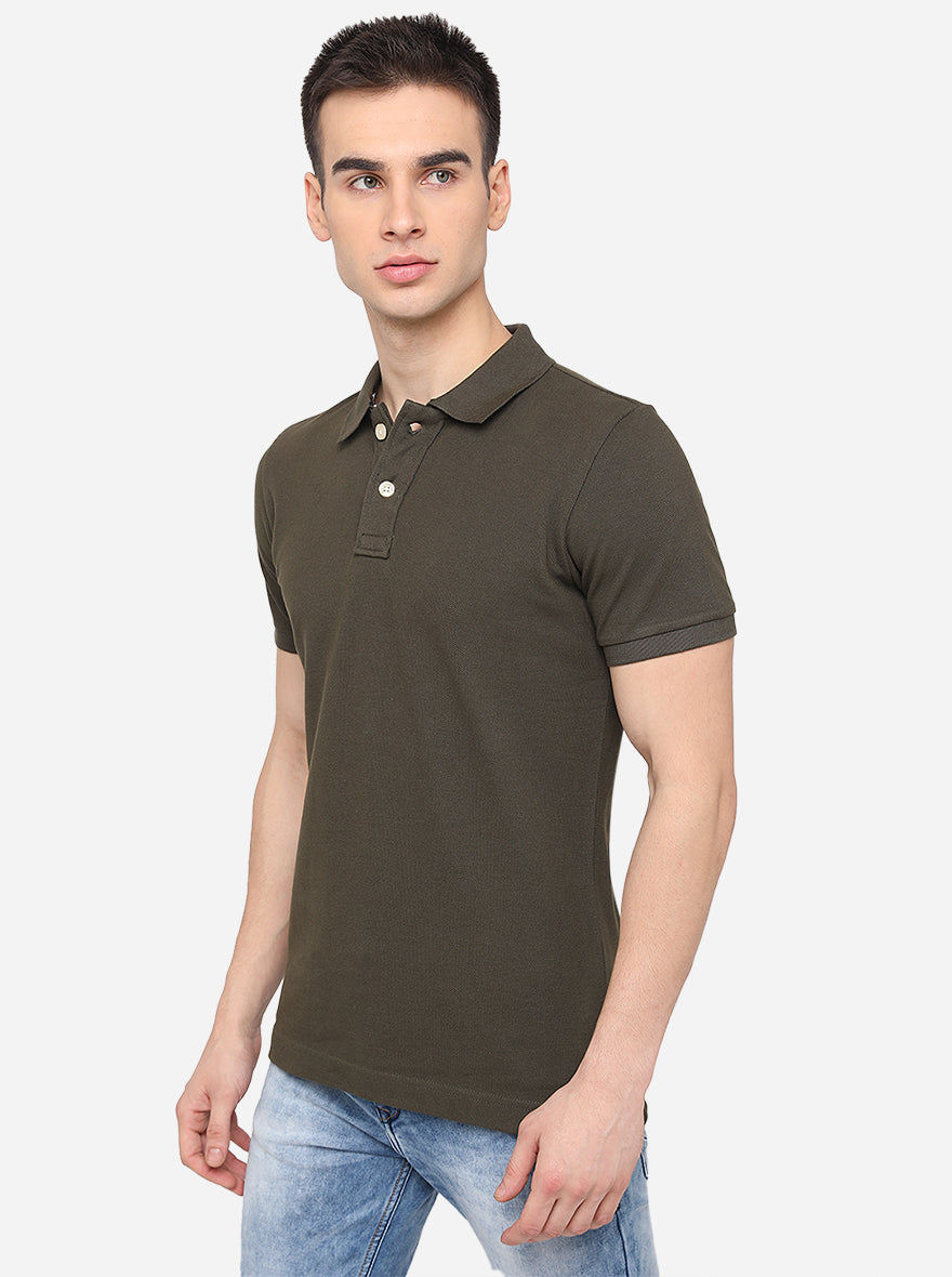 Olive Solid Slim Fit Polo T-Shirt | JadeBlue