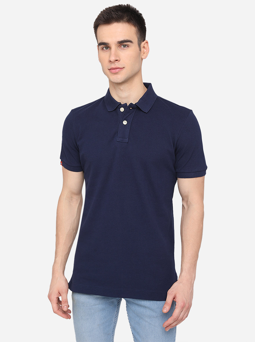 Navy Blue Solid Slim Fit Polo T-Shirt | JadeBlue
