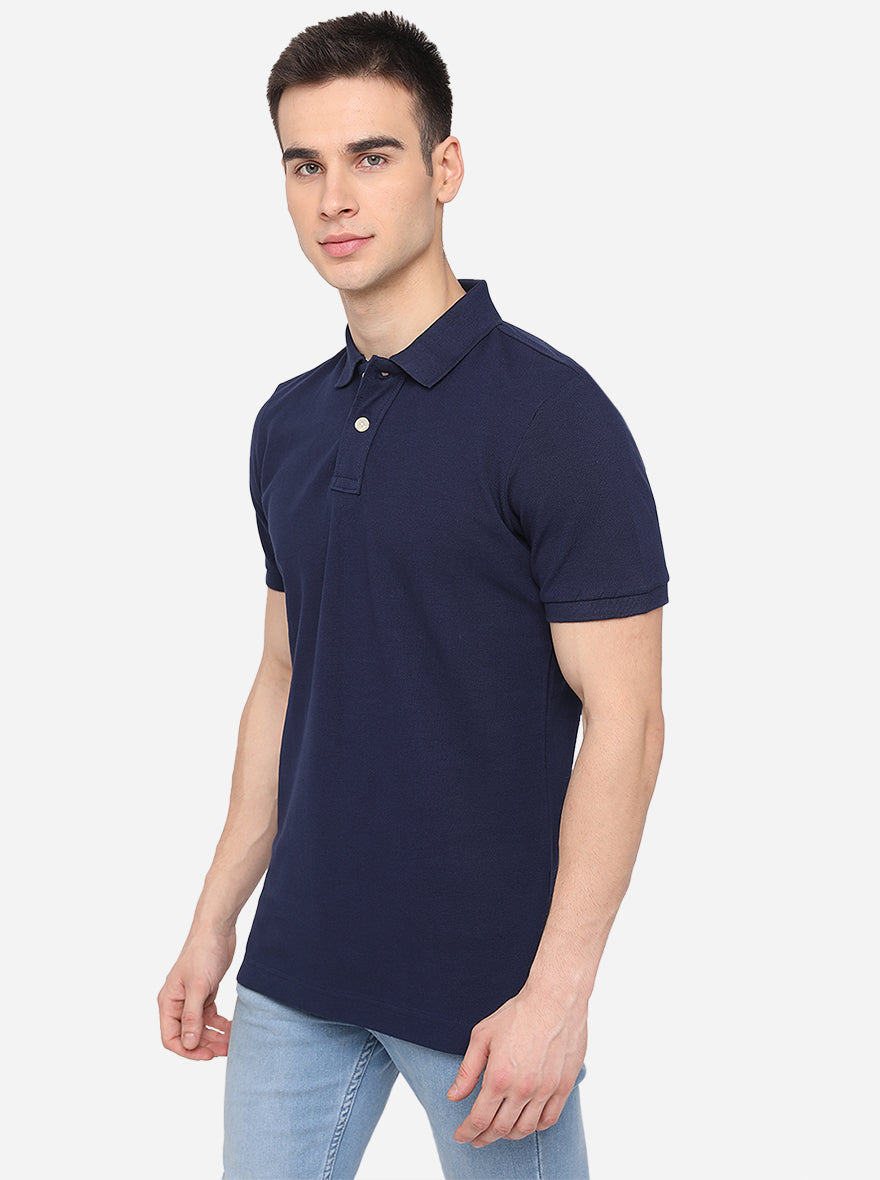 Navy Blue Solid Slim Fit Polo T-Shirt | JadeBlue