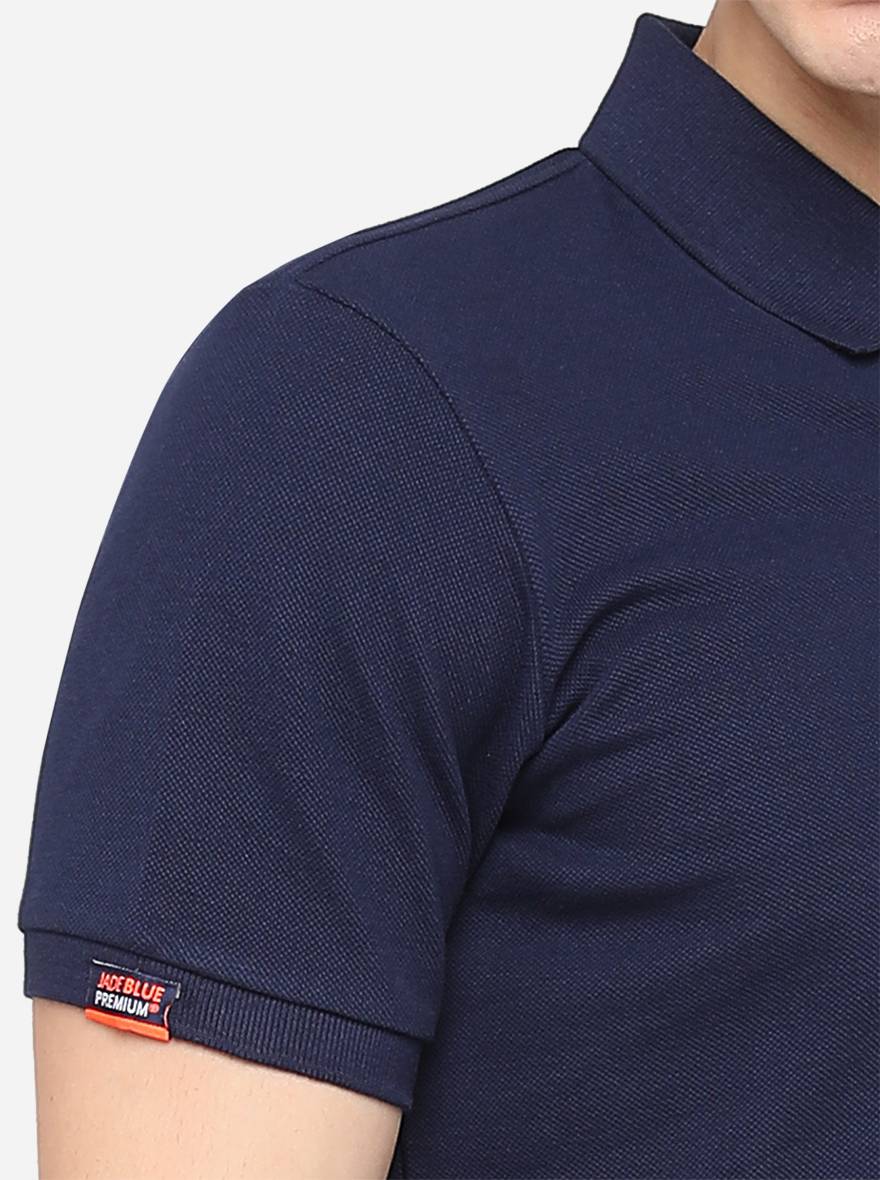 Navy Blue Solid Slim Fit Polo T-Shirt | JadeBlue