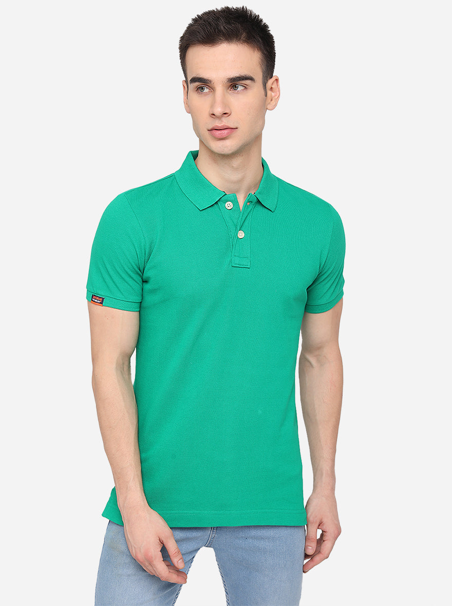 Green Solid Slim Fit Polo T-Shirt | JadeBlue