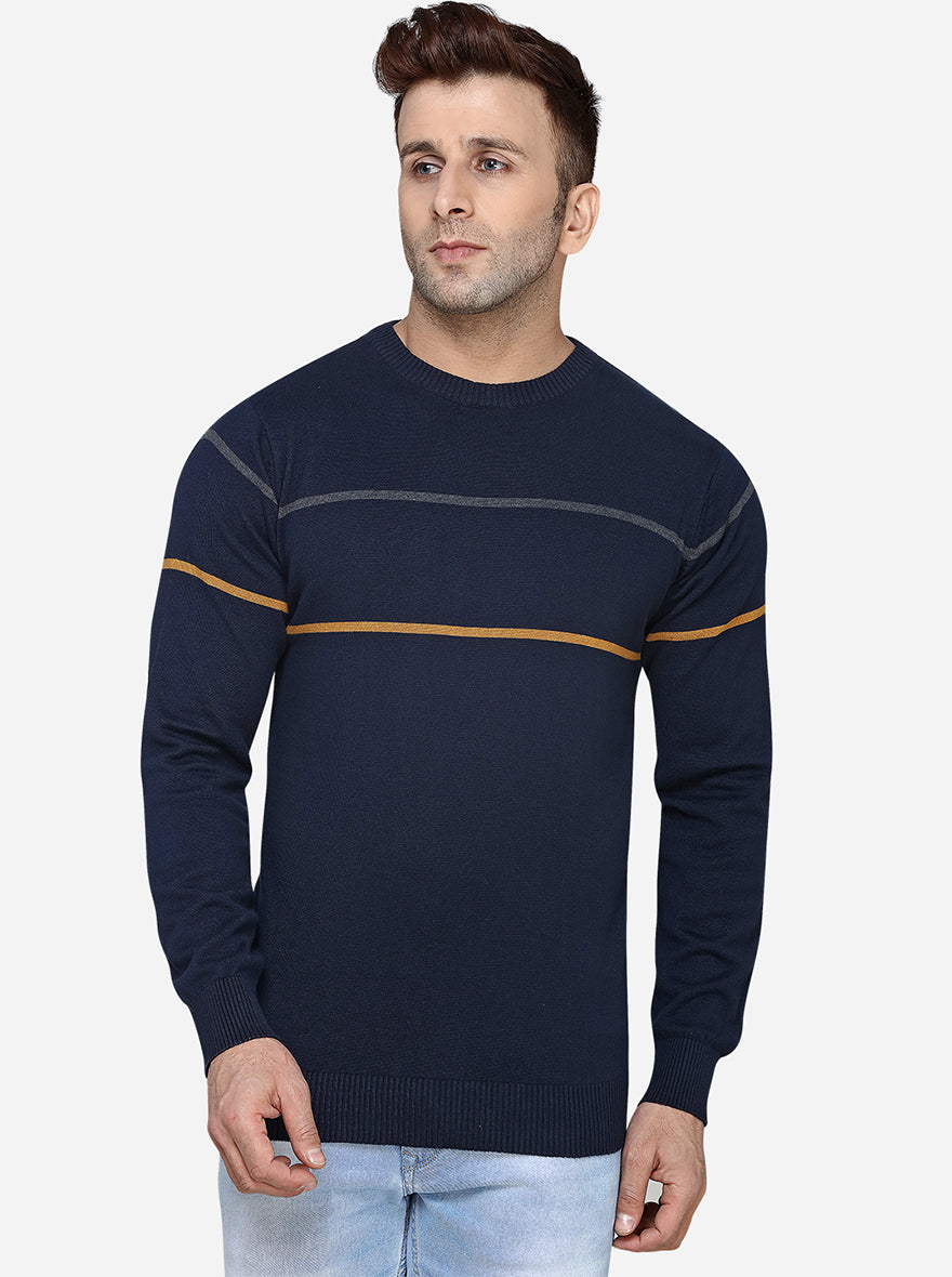 Dark Blue Striped Slim Fit T-Shirt | JadeBlue
