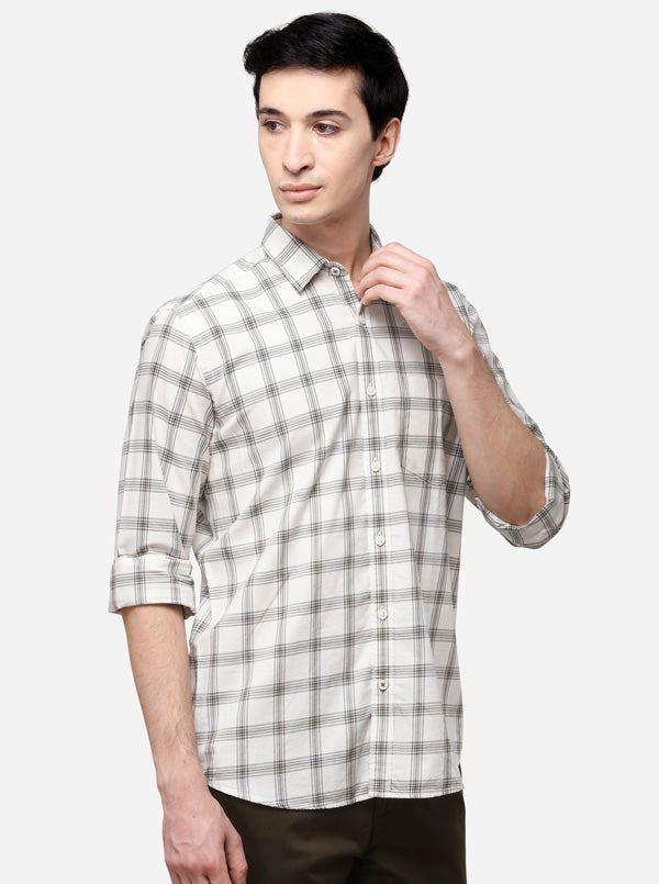 Cream Tailored Fit Checked Casual Shirt | JB Sport