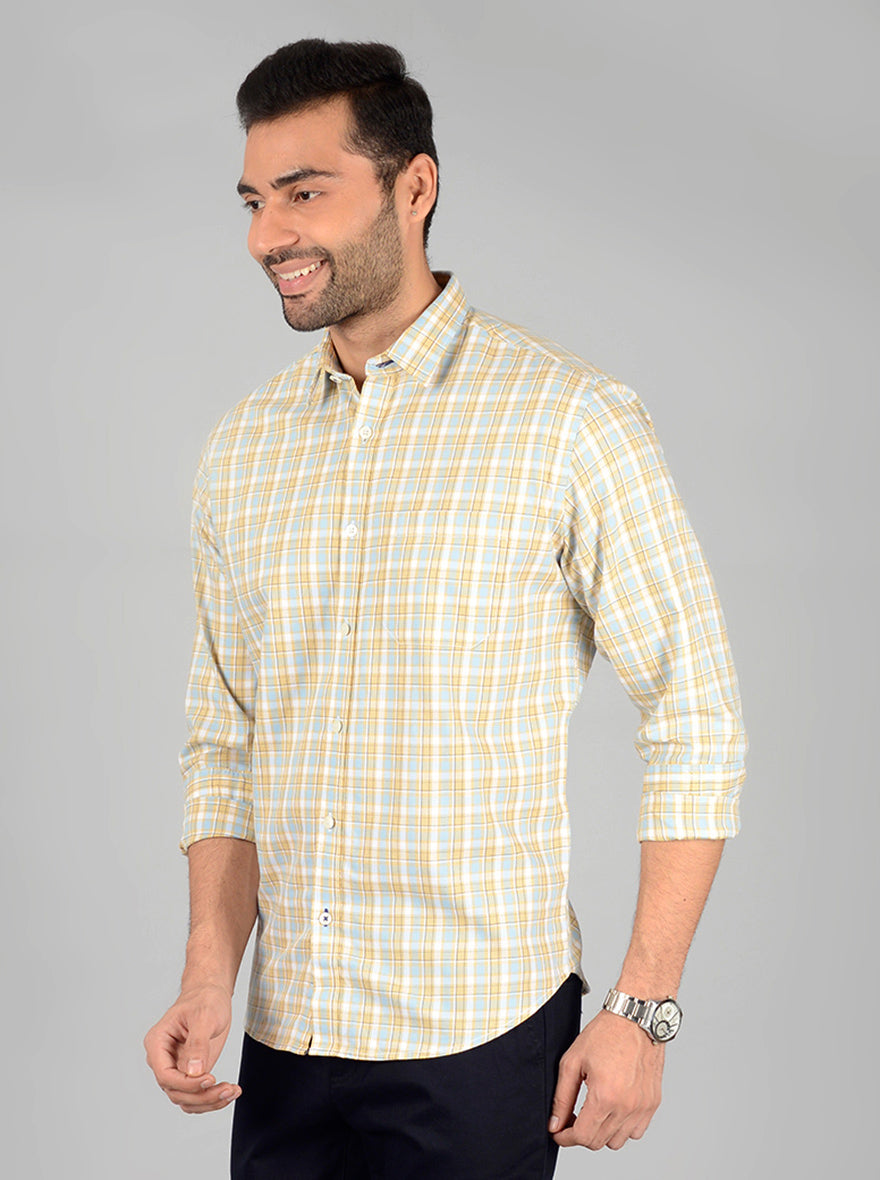 Cream Checked Classic Fit Casual Shirt | Greenfibre
