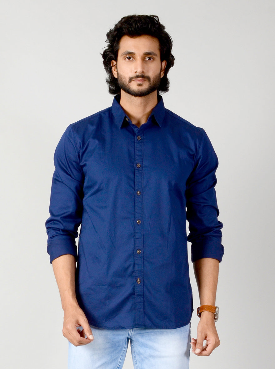 Limoges Blue Solid Slim Fit Casual Shirt | JadeBlue