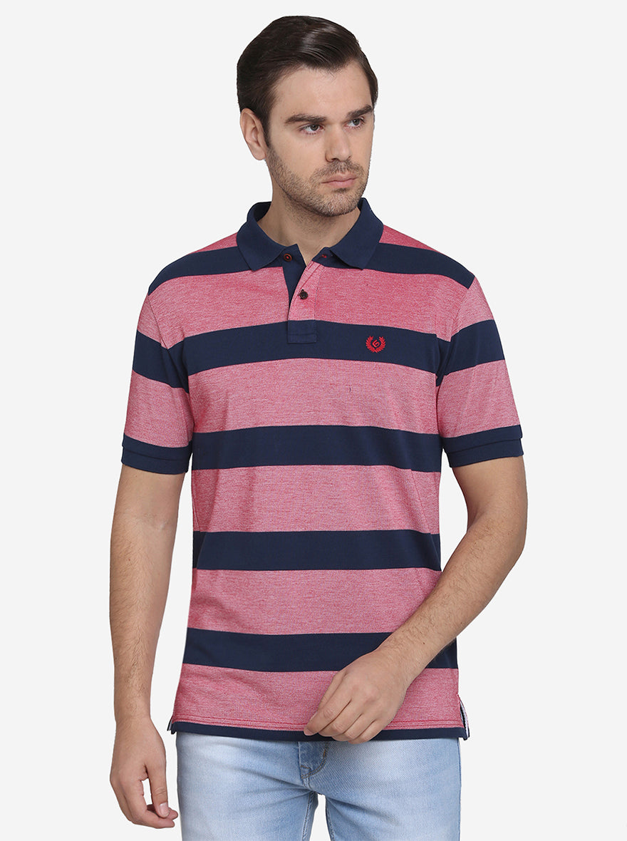 Teaberry & Blue Striped Slim Fit Polo T-shirt  | Greenfibre