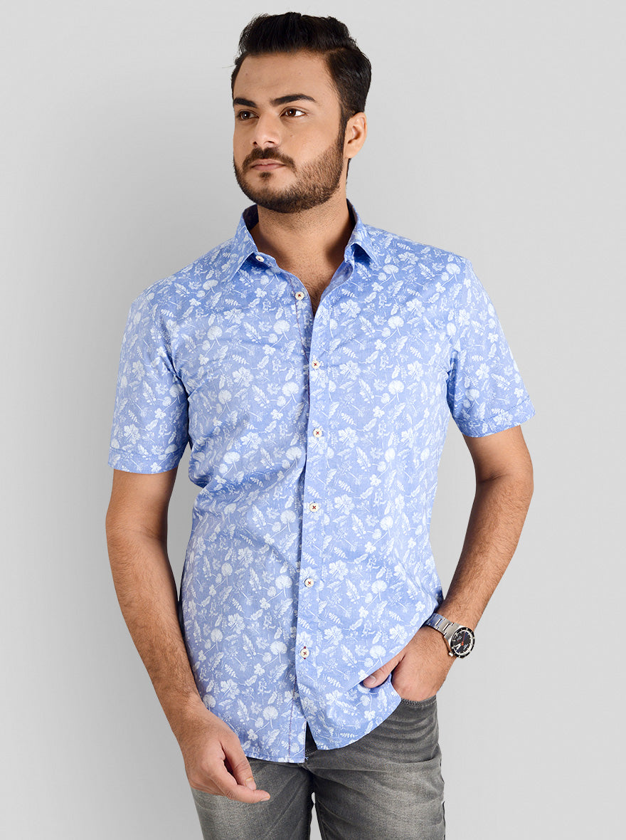 Morning Sky Blue Printed Slim Fit Casual Shirt | JadeBlue
