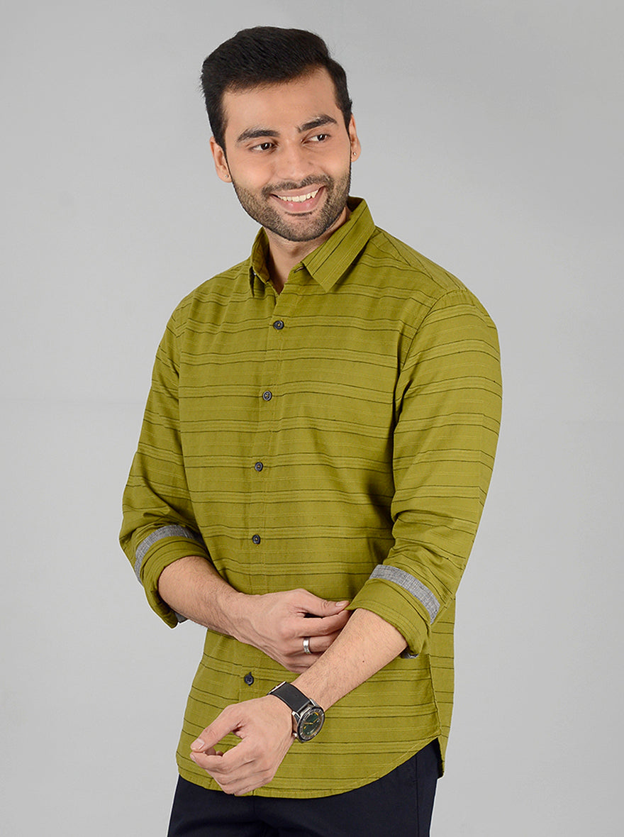 Green Striped Slim Fit Casual Shirt | Greenfibre