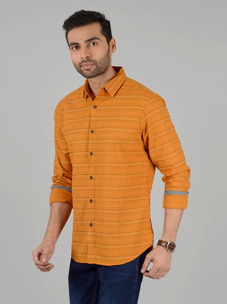 Orange Striped Slim Fit Casual Shirt | Greenfibre