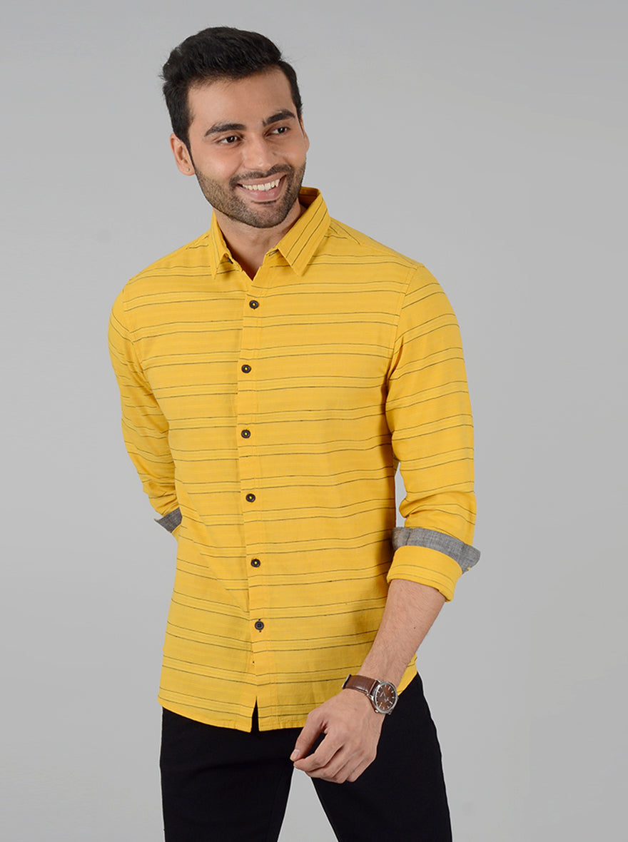 Yellow Striped Slim Fit Casual Shirt | Greenfibre