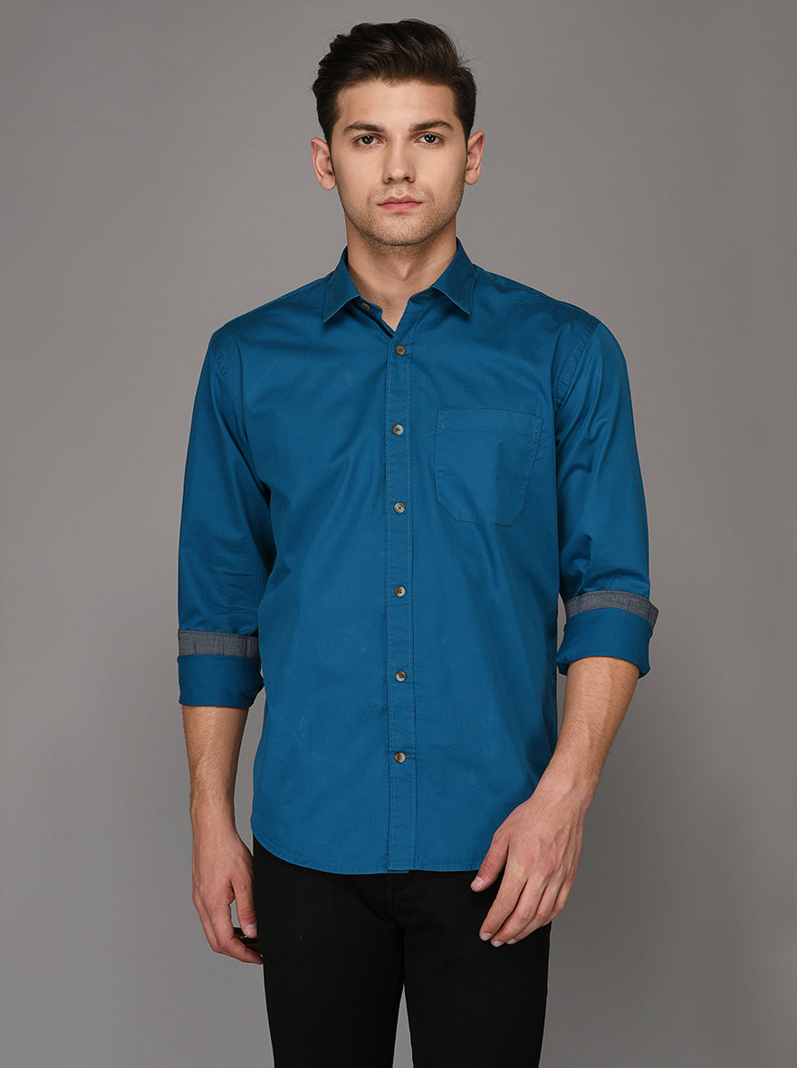 Greenfibre Blue Solid Regular Fit Casual Shirt
