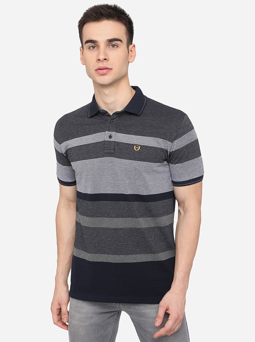 Grey Striped Slim Fit Polo T-Shirt | JadeBlue