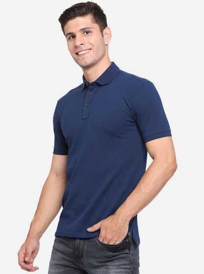 Indigo Blue Solid Slim Fit Polo T-Shirt | JadeBlue