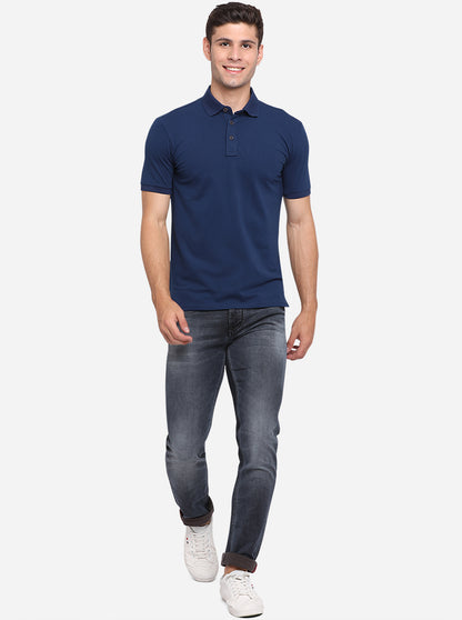 Indigo Blue Solid Slim Fit Polo T-Shirt | JadeBlue