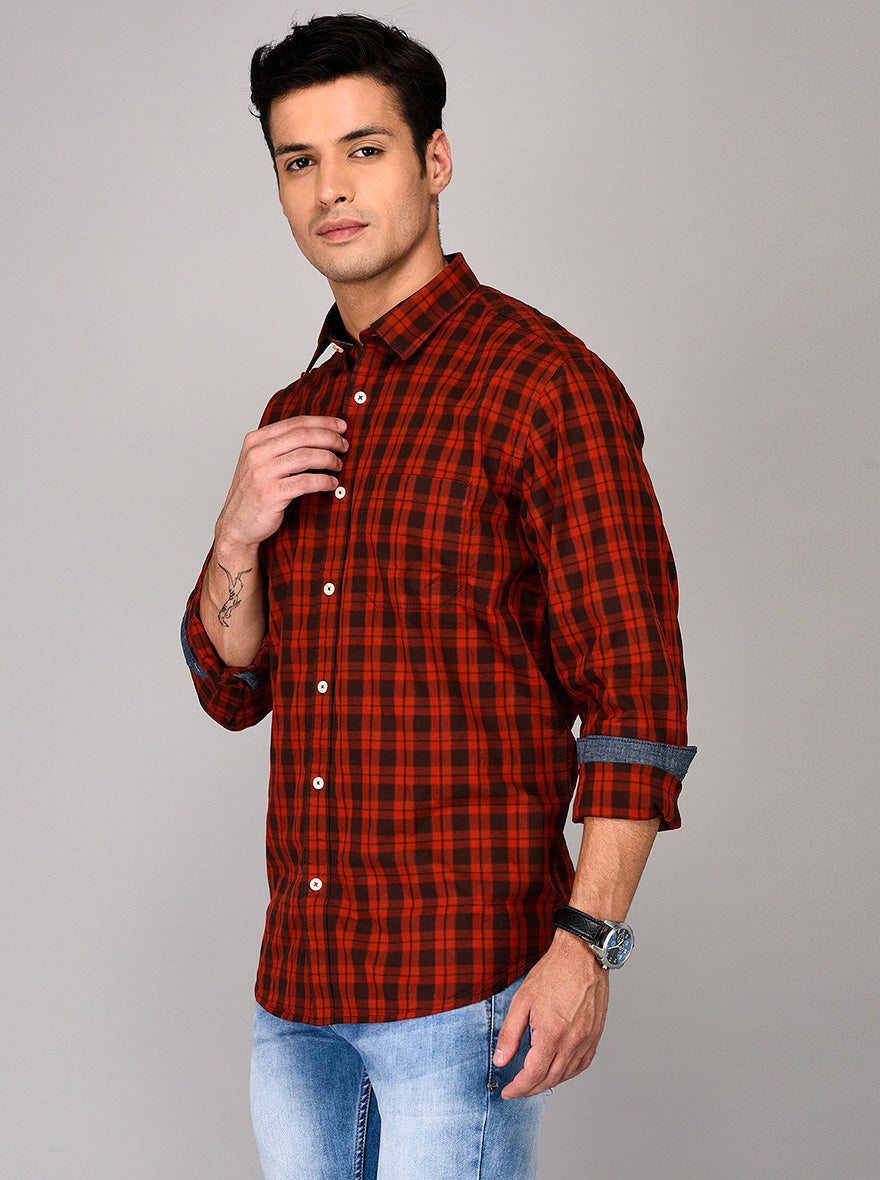 Greenfibre Red Checkered Regular Fit Casual Shirt