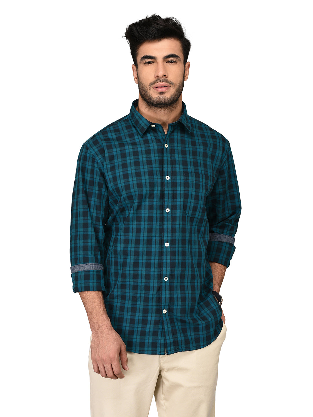 Greenfibre Blue Checkered Regular Fit Casual Shirt