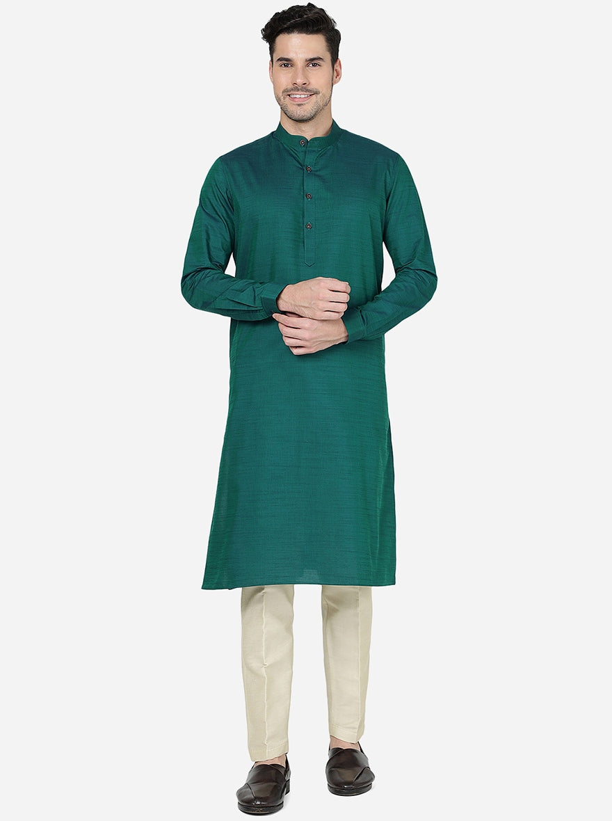 Bottle Green Solid Regular Fit Modi Kurta | JadeBlue