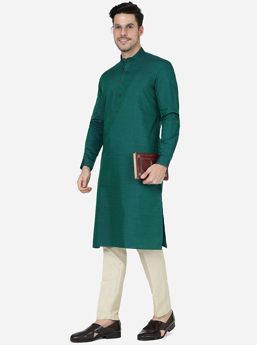 Bottle Green Solid Regular Fit Modi Kurta | JadeBlue
