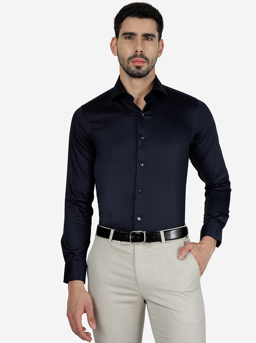 Navy Blue Solid Slim Fit Party Wear Shirt | Wyre