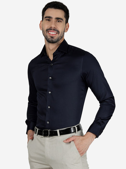 Navy Blue Solid Slim Fit Party Wear Shirt | Wyre
