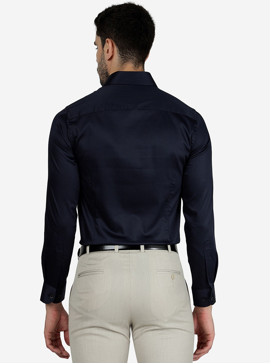 Navy Blue Solid Slim Fit Party Wear Shirt | Wyre