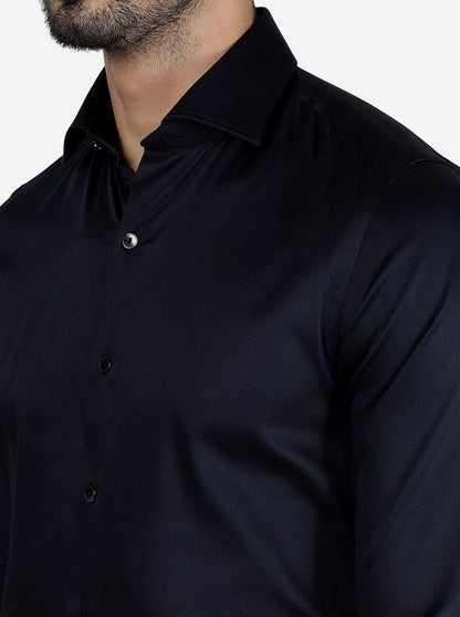 Navy Blue Solid Slim Fit Party Wear Shirt | Wyre