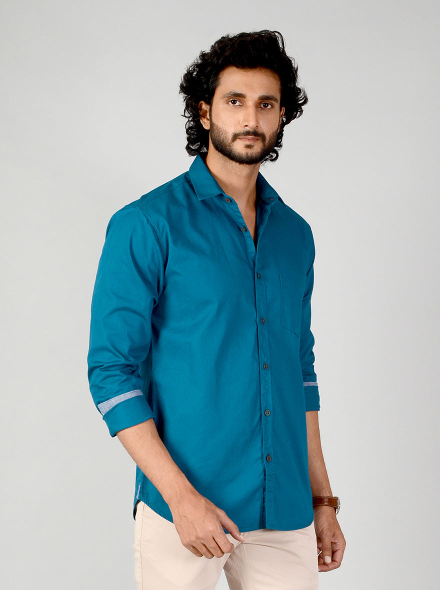 Ocean Blue Solid Slim Fit Casual Shirt | Greenfibre