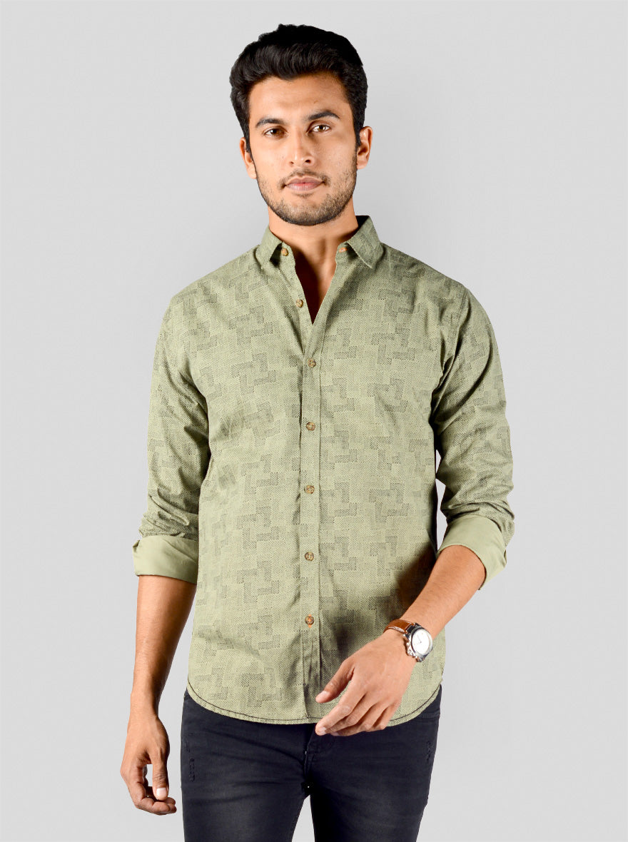 Oil Green Printed Slim Fit Casual Shirt | Greenfibre