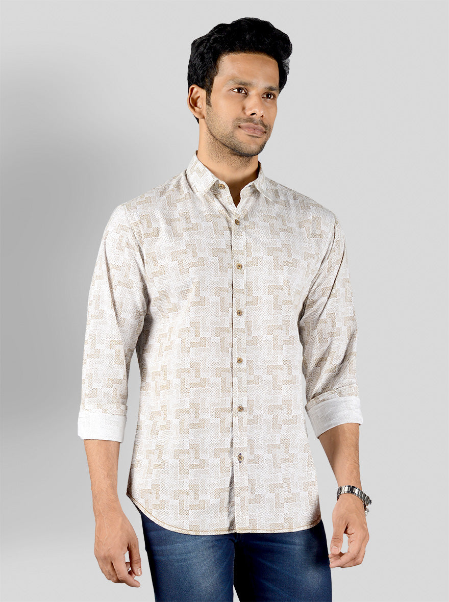 White & Beige Printed Slim Fit Casual Shirt | Greenfibre