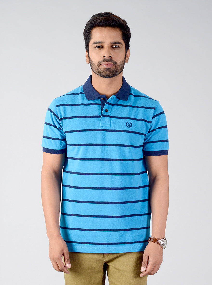 Aqua Blue Striped Slim Fit Polo T-shirt | Greenfibre