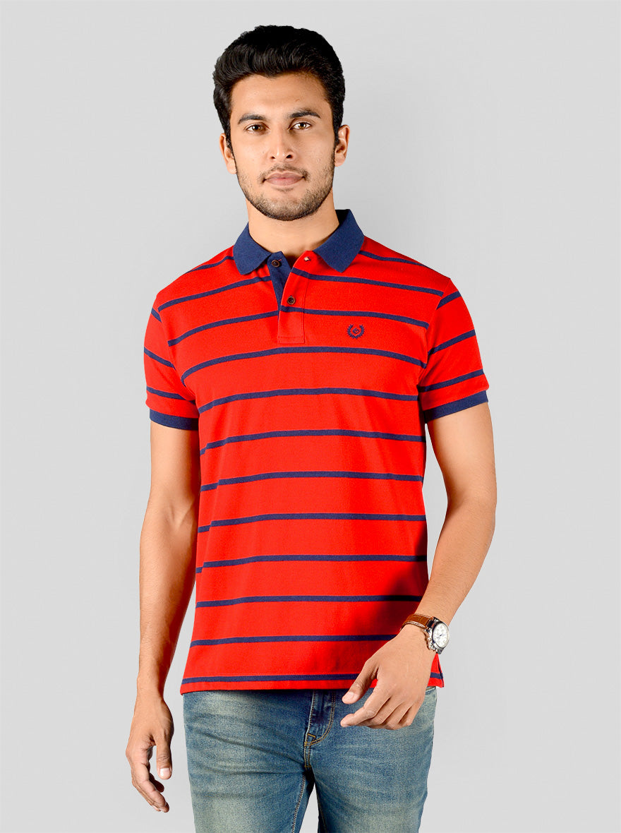 Cherry Tomato & Navy Blue Striped Slim Fit Polo T-shirt | Greenfibre