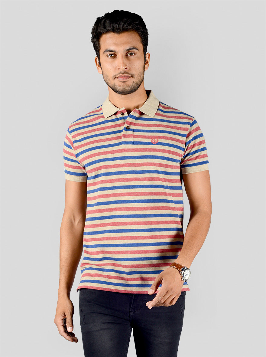 Claret Red & Blue Striped Slim Fit Polo T-shirt | Greenfibre