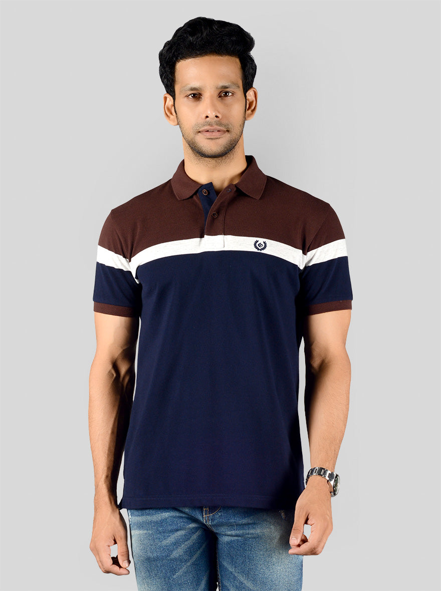 Dark Brown & Navy Blue Striped Slim Fit Polo T-shirt | Greenfibre