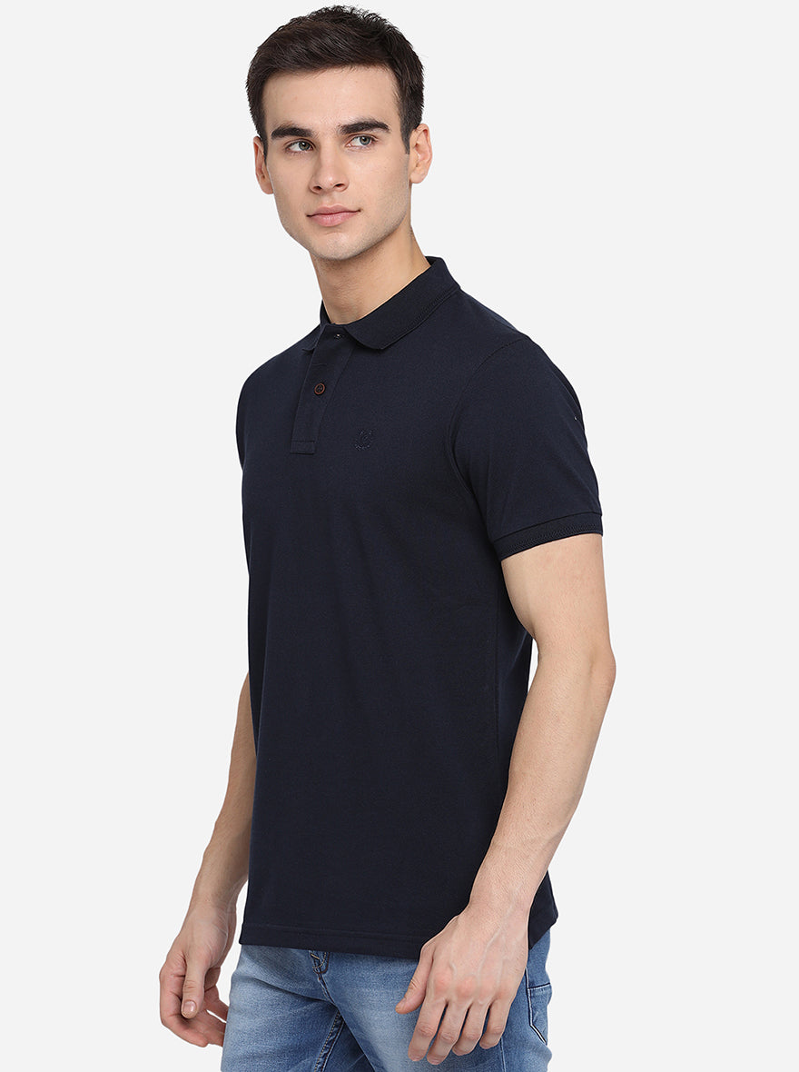 Dark Blue Solid Slim Fit Polo T-Shirt | Greenfibre