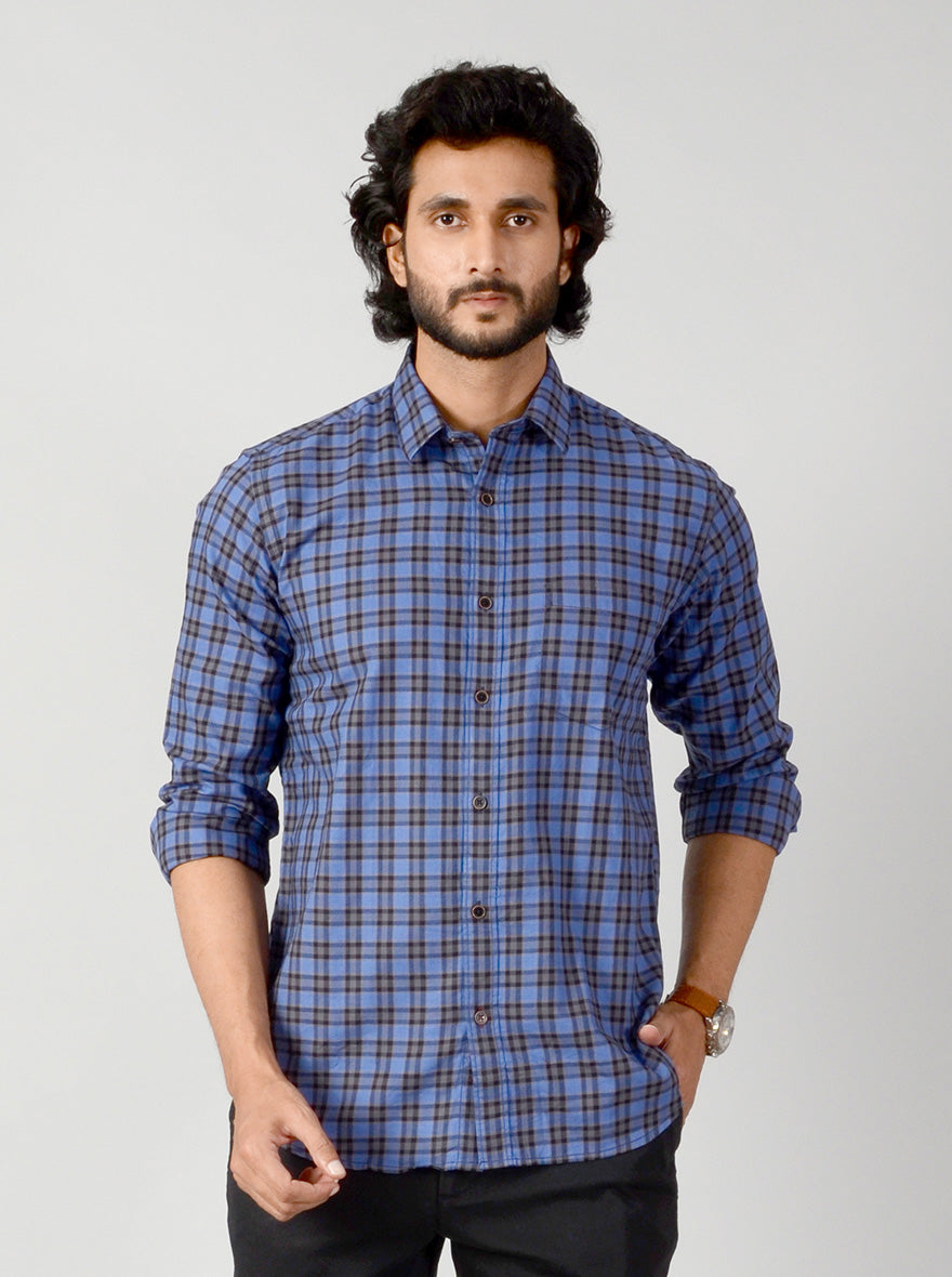 Persian Blue & Brown Checked Slim Fit Casual Shirt | JadeBlue