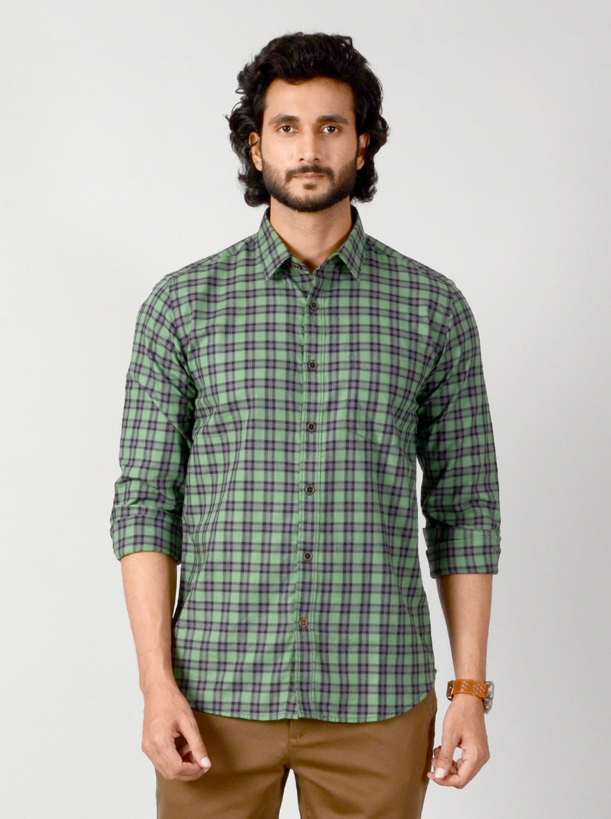 Green & Brown Checked Slim Fit Casual Shirt | JadeBlue