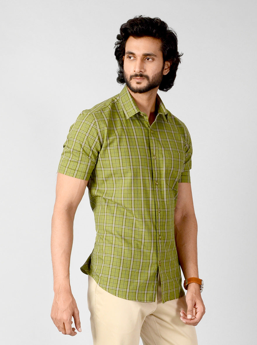 Spinach Green Checked Smart Fit Casual Shirt | Greenfibre