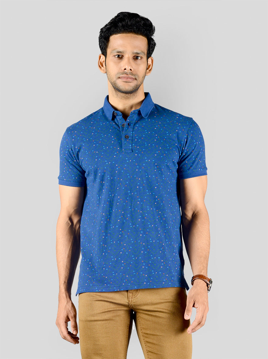 Royal Blue Printed Slim Fit Polo T-shirt | JadeBlue
