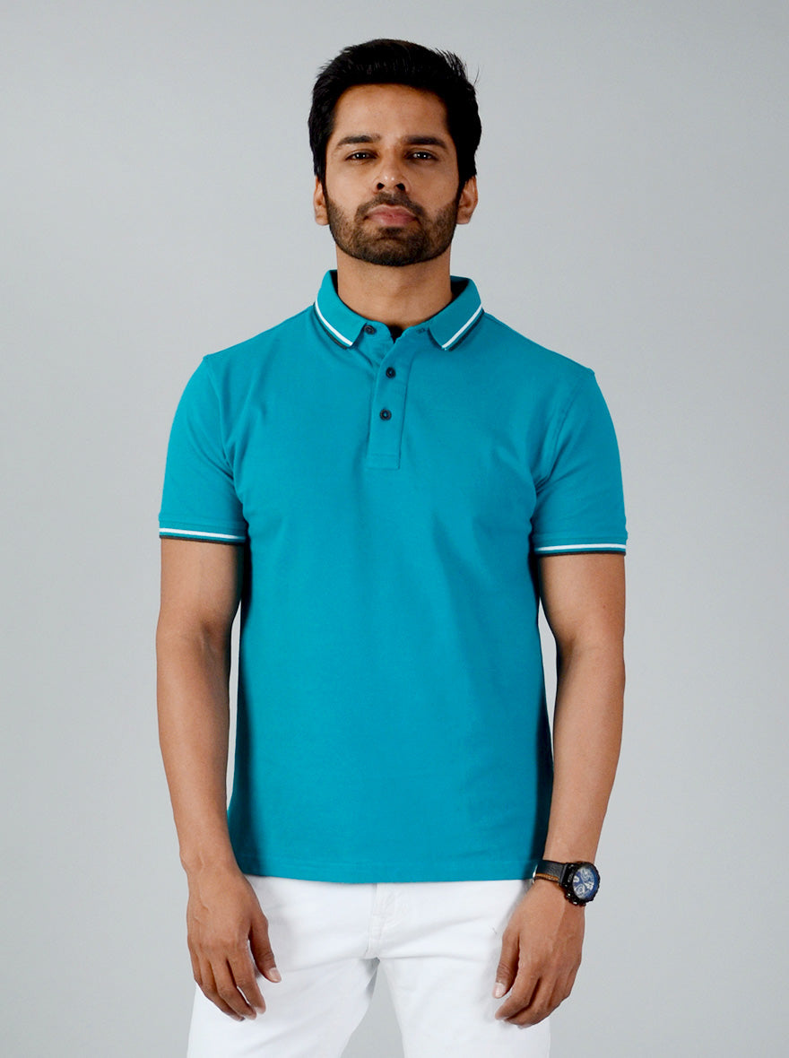 Electric Blue Solid Slim Fit Polo T-shirt | JadeBlue