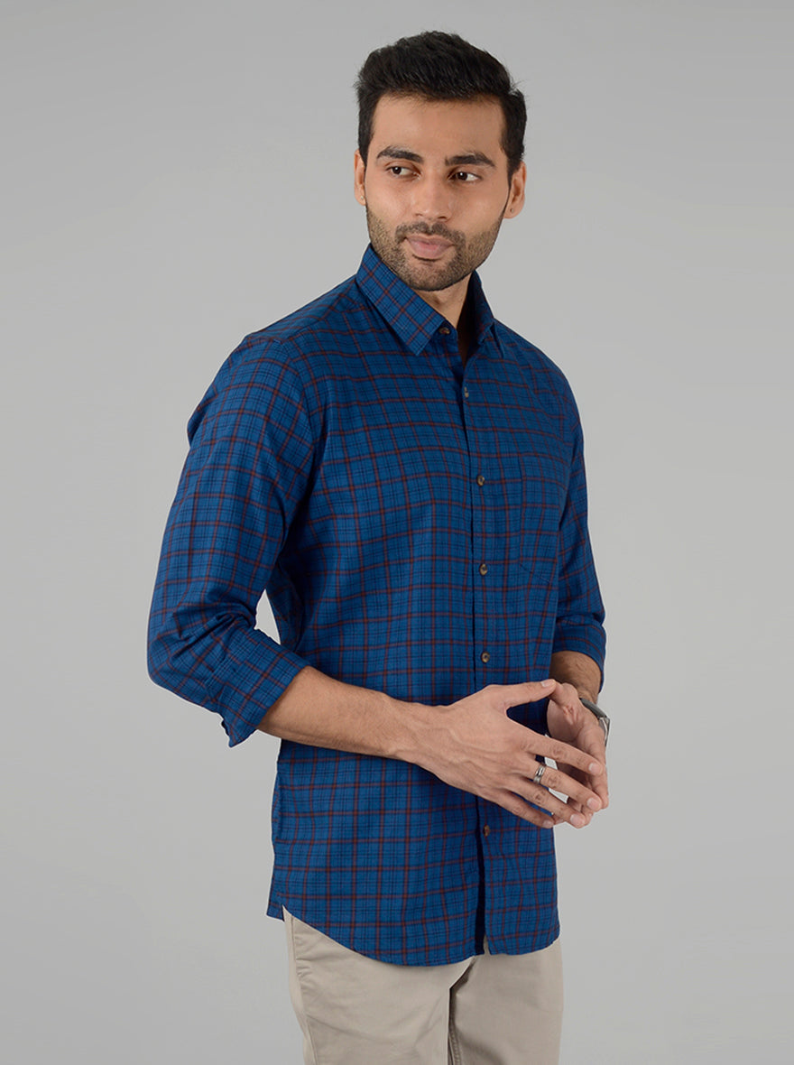 Prussian Blue Checked Slim Fit Casual Shirt | JadeBlue