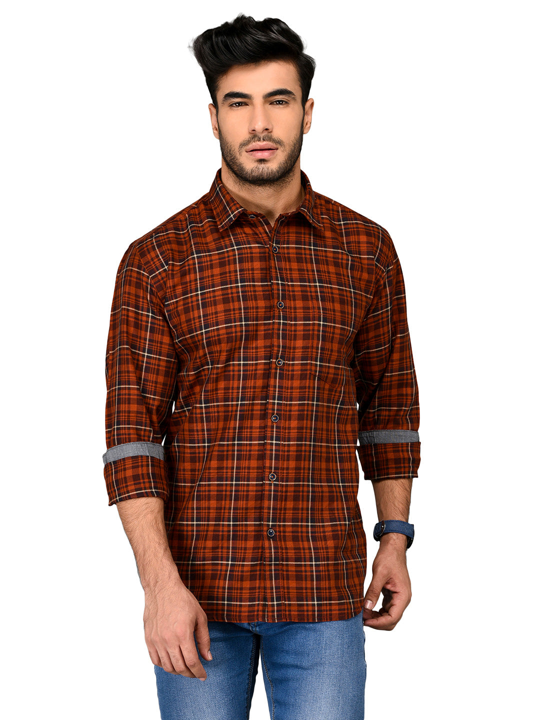 Rust Orange Checkered Slim Fit Casual Shirt | JadeBlue