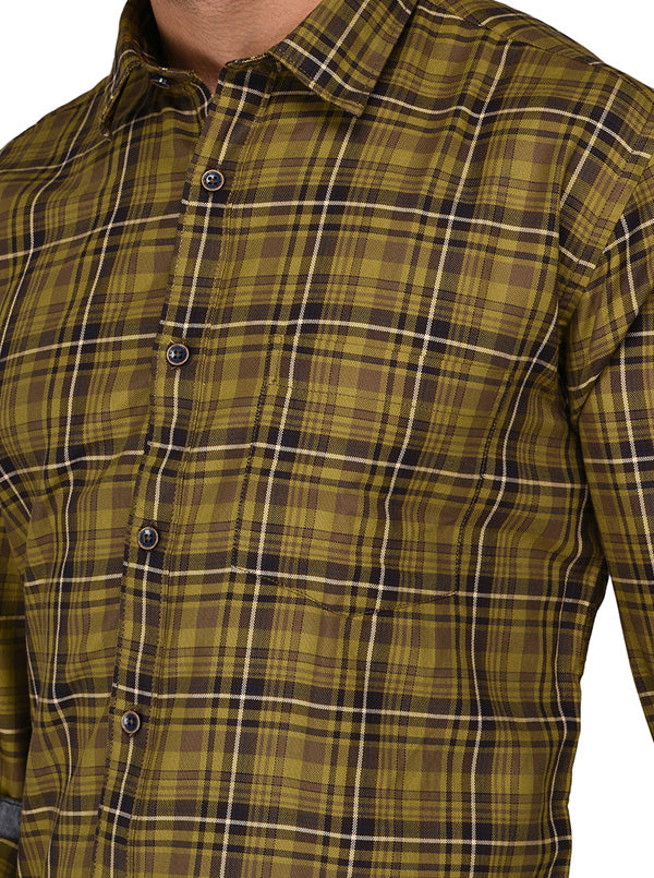 Olive Green & Brown Checked Slim Fit Casual Shirt | JadeBlue