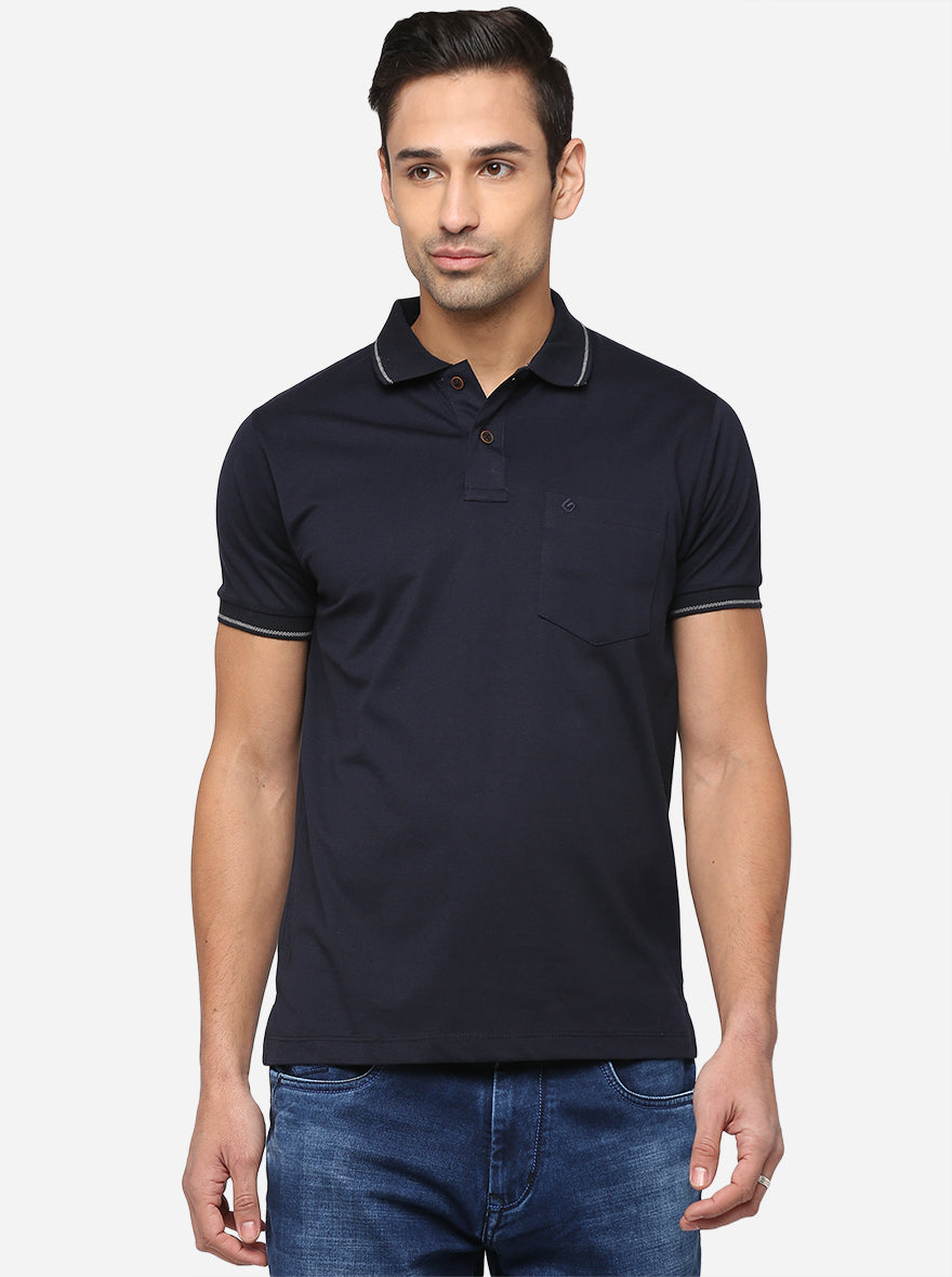 Navy Blue Solid Slim Fit Polo T-Shirt | Greenfibre