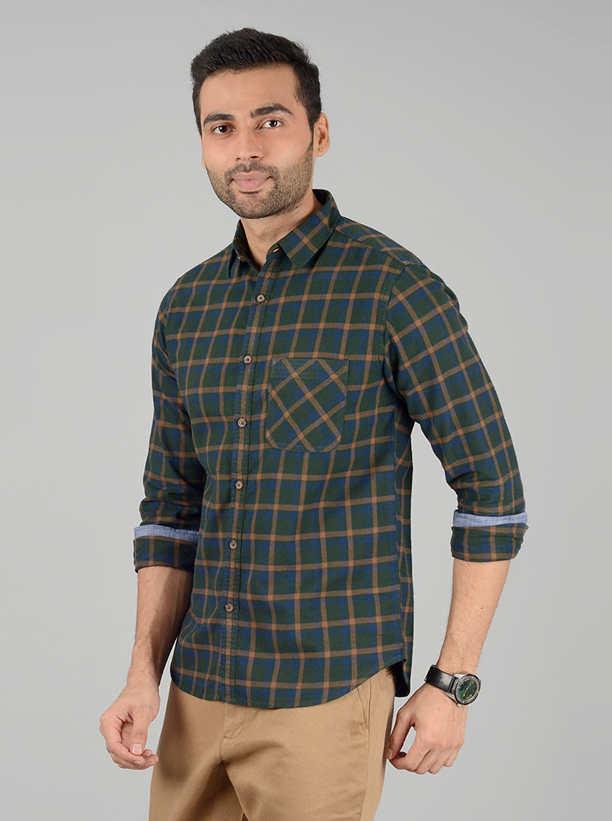 Bottle Green Checked Slim Fit Casual Shirt | Greenfibre