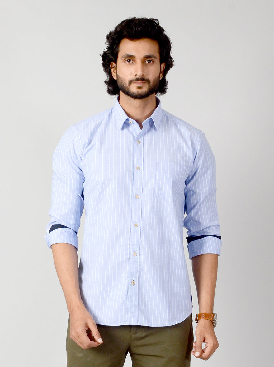 Azure Blue Striped Slim Fit Casual Shirt | JadeBlue